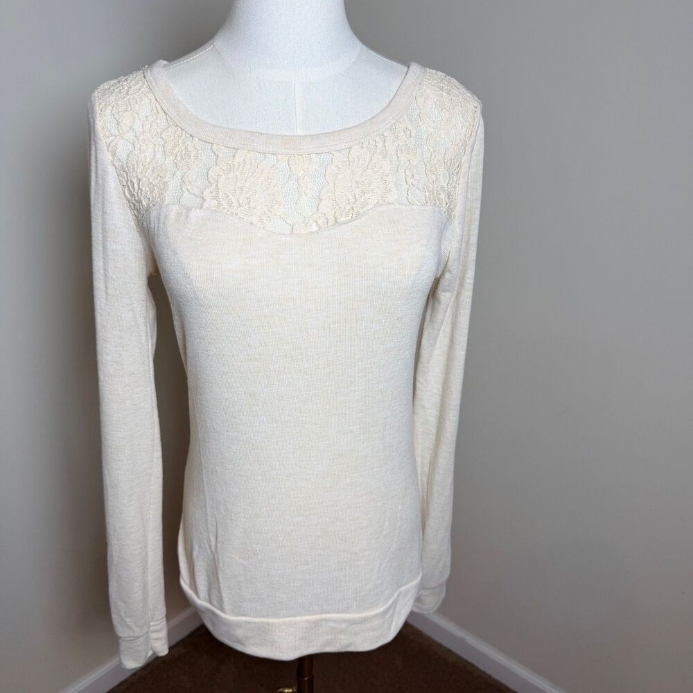 Poof Cream Lace Yoke Long Sleeve Top Womens Medium Boho Cottagecore Stretch Tee